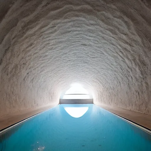 Prompt: a dimly lit underground pool made of white stone, rounded roof, curved architecture, surreal, liminal, eerie, minimalist, photo,