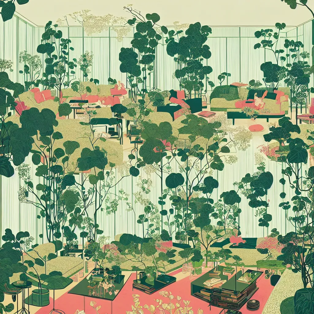 Image similar to luxury living room full of plants and trees by victo ngai