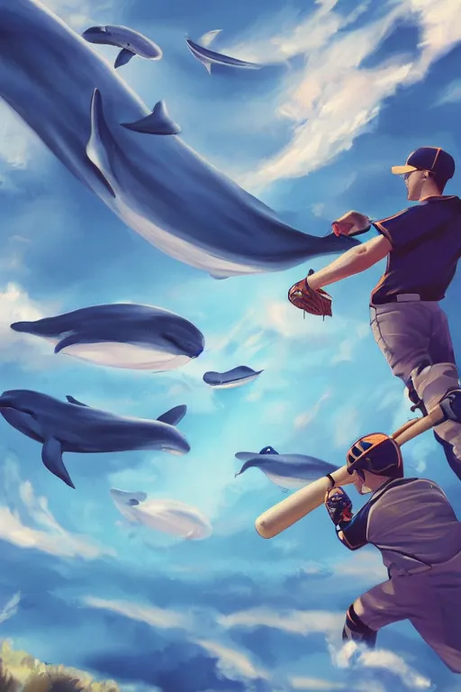 Image similar to people playing baseball while whales fly in the sky, digital art, artstation trending, digital painting