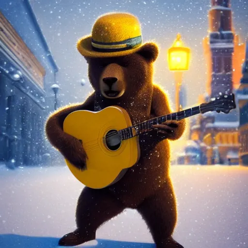 Prompt: smiling brown bear playing yellow Gibson Flying-V guitar in hat in winter at streets of Moscow, sharp focus, fantasy style, octane render, volumetric lighting, 8k high definition, by greg rutkowski, highly detailed, trending on art Station