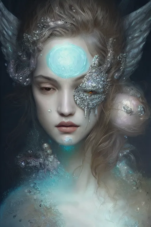 Image similar to beautiful model drowning with face covered with frost diamonds wearing frost velvet, diamonds, angel, fantasy, dramatic lighting, highly detailed, digital painting, magic the gathering, hyper detailed, 3 d render, hyper realistic detailed portrait, peter mohrbacher, wlop, ruan jia