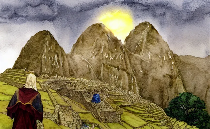 Prompt: a realistic and atmospheric watercolor fantasy concept art of a golden ufo hovering above machu pichu. in the foreground a female medieval monk in grey robes is kneeling with her hands by her sides. by rebecca guay, michael kaluta, charles vess