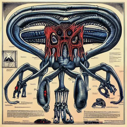 Prompt: anatomically correct diagram of alien, quadruped, h. r. giger, red and blue, 8 feet fall, monstrous, fiendish, high detail, cinematic, wes anderson