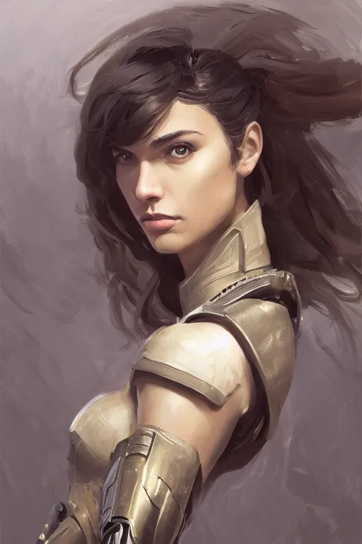 Image similar to a professionally painted portrait of an attractive young woman, clothed in military armor, olive skin, long dark hair, beautiful bone structure, symmetrical facial features, intricate, elegant, digital painting, trending on Artstation, concept art, smooth, sharp focus, illustration, from Metal Gear by Ruan Jia and Mandy Jurgens and Artgerm and William-Adolphe Bouguerea, award winning