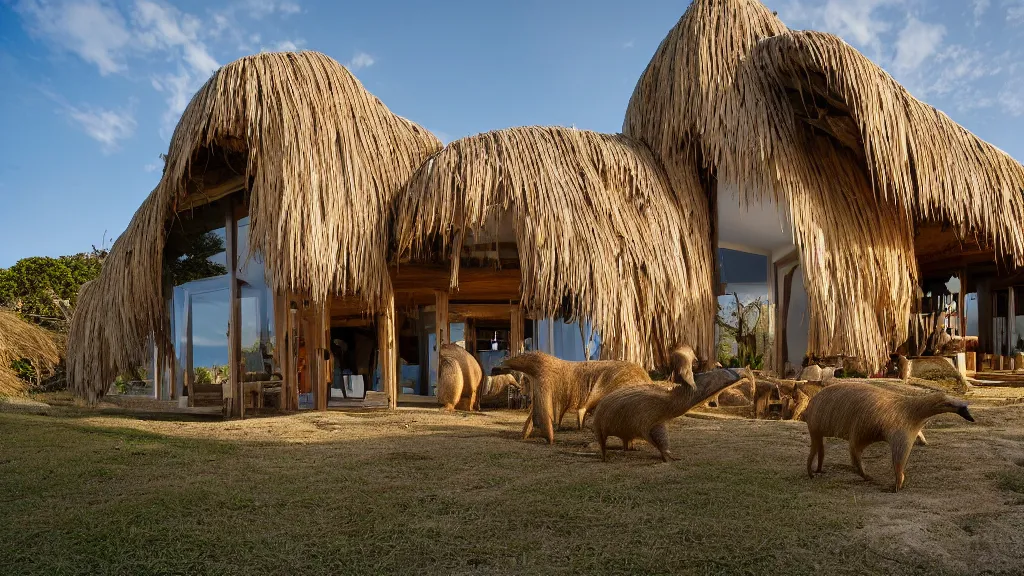 Prompt: architectural photography of a house made of driftwood, natural and organic and flowing, on the coast, wide angle, shot from a low angle, great lighting, cinematic. inhabited by a family of capybaras.