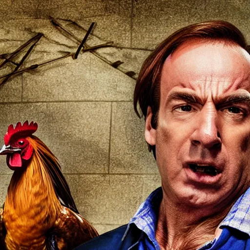 Image similar to saul goodman and a rooster in a medieval torture chamber, saw blades and knives in the background, horror movie, saul goodman, rooster, real life photo, detailed face