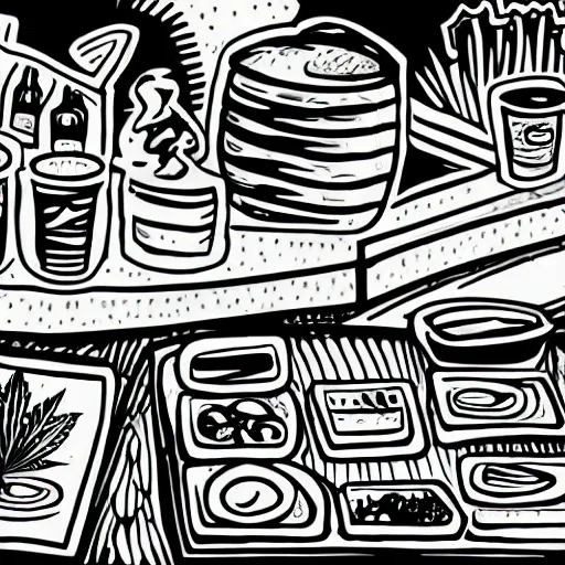 Prompt: hand - drawn minimalistic line cartoon of cannabis cafe setup, black and white, pictogram, ink, pencil