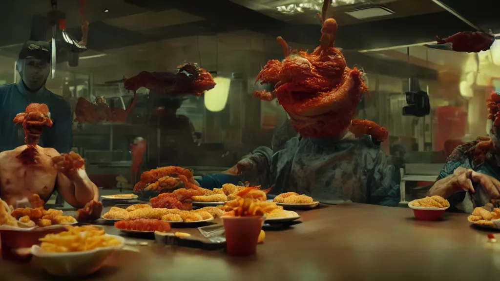 Image similar to the strange taco creature at the fast food place, film still from the movie directed by denis villeneuve and david cronenberg with art direction by salvador dali and zdzisław beksinski, wide lens