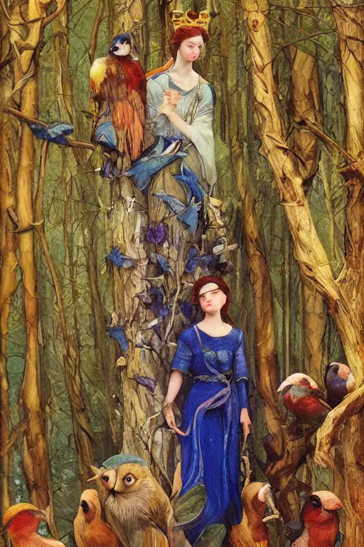 Prompt: the queen of the forest with her birds, by Annie Swynnerton and Nicholas Roerich, elaborately costumed, rich color, dramatic cinematic lighting, smooth, sharp focus, extremely detailed, featured on artstation