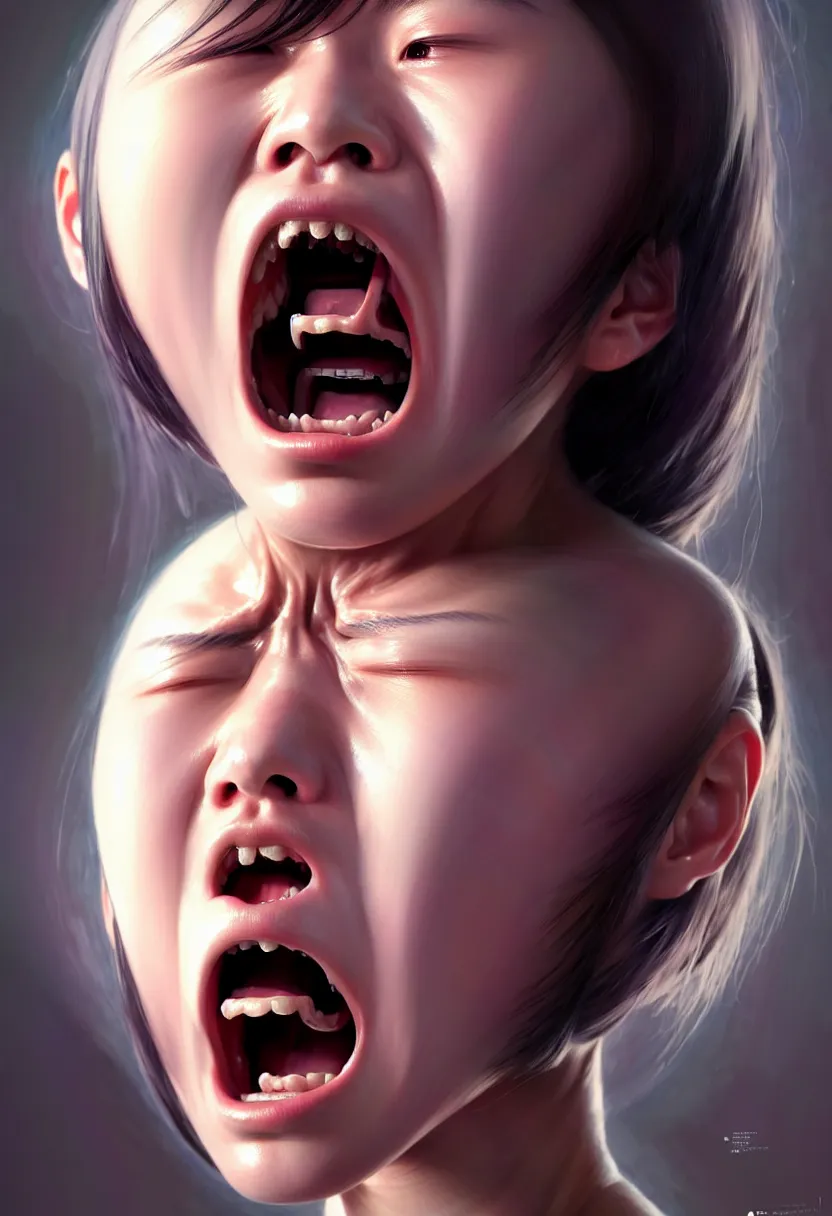 Image similar to beautiful render of a face, waist up portrait of a futuristic cute japanese teenage girl screaming in anger and frustration, intricate, elegant, highly detailed, digital painting, artstation, concept art, smooth, sharp focus, octane render, dramatic lighting, symmetry, symmetrical face, ONE FACE, headshot, art by greg rutkowski and wlop