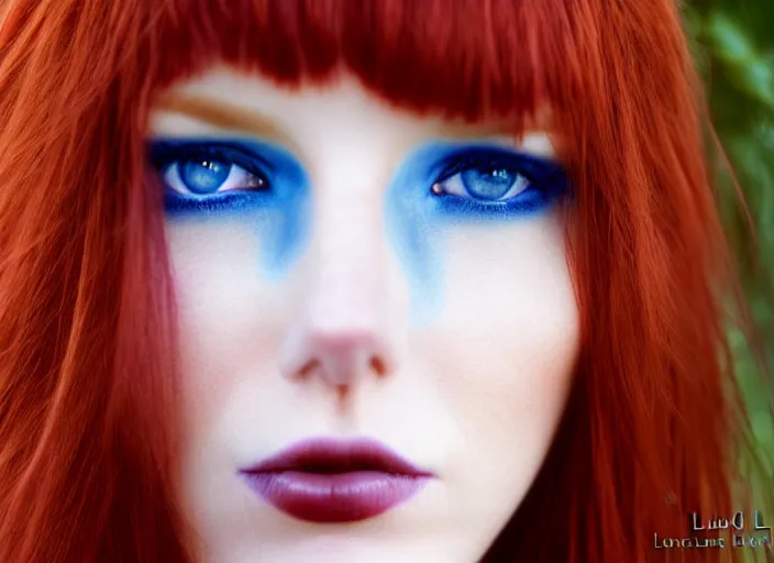 Image similar to award winning 8 5 mm close up face portrait photo of a redhead with maroon colored hair and perfect symmetrical blue human eyes in a park by luis royo.