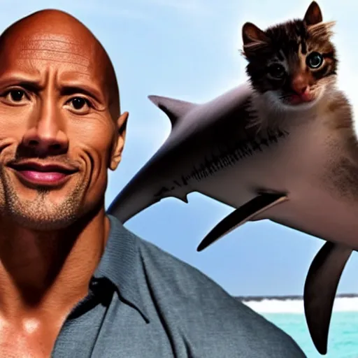 Prompt: dwayne johnson saving a kitten from a shark