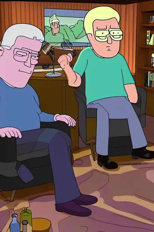 Image similar to a detailed picture of a cartoon jay leno interviewing hank hill rick from rick and morty, on the tonight show, talk show set, spotlights, cartoon and anime style, 8 k