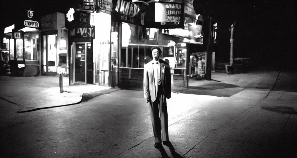 Image similar to movie scene still frame of a stern and pale man in a beige peak lapel suit threatening someone with a comically large spoon and standing near a nightclub, chiaroscuro, neon lighting medium full shot, kodak gold 200 film