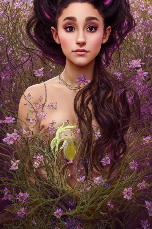 Image similar to beautiful cottagecore Ariana Grande holding a Black Onion, psychedelic Hair, magical forest, intricate, elegant, highly detailed, digital painting, artstation, concept art, smooth, sharp, focus, illustration, art by artgerm and greg rutkowski and alphonse mucha