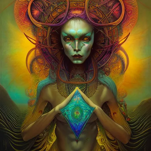 Prompt: psychedelic dmt artwork of esao andrews, frank peter mohrbacher, energy body, sacred geometry, esoteric art, divinity, detailed, tarot art