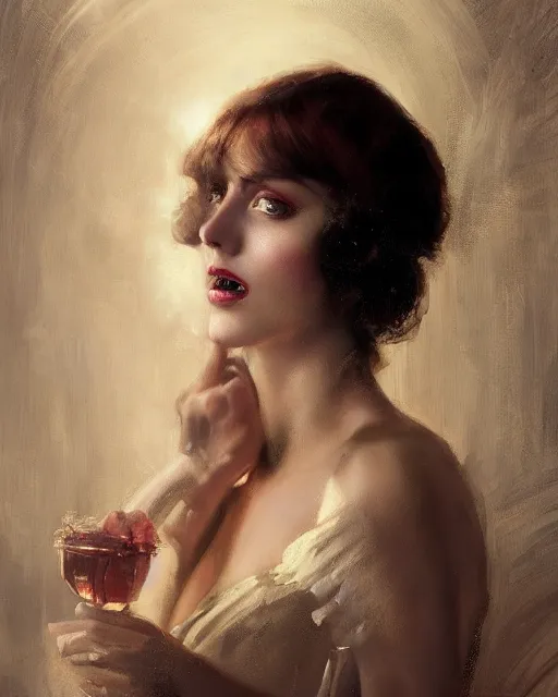 Image similar to daniel gerhartz and tom bagshaw close portrait digital painting of a 1 9 2 0 s beautiful woman at a party in a mansion, strong contrast, unreal engine, hyper realism, realistic shading, cinematic composition, realistic render, octane render, detailed textures, photorealistic, ultrawide shot, 3 5 mm film