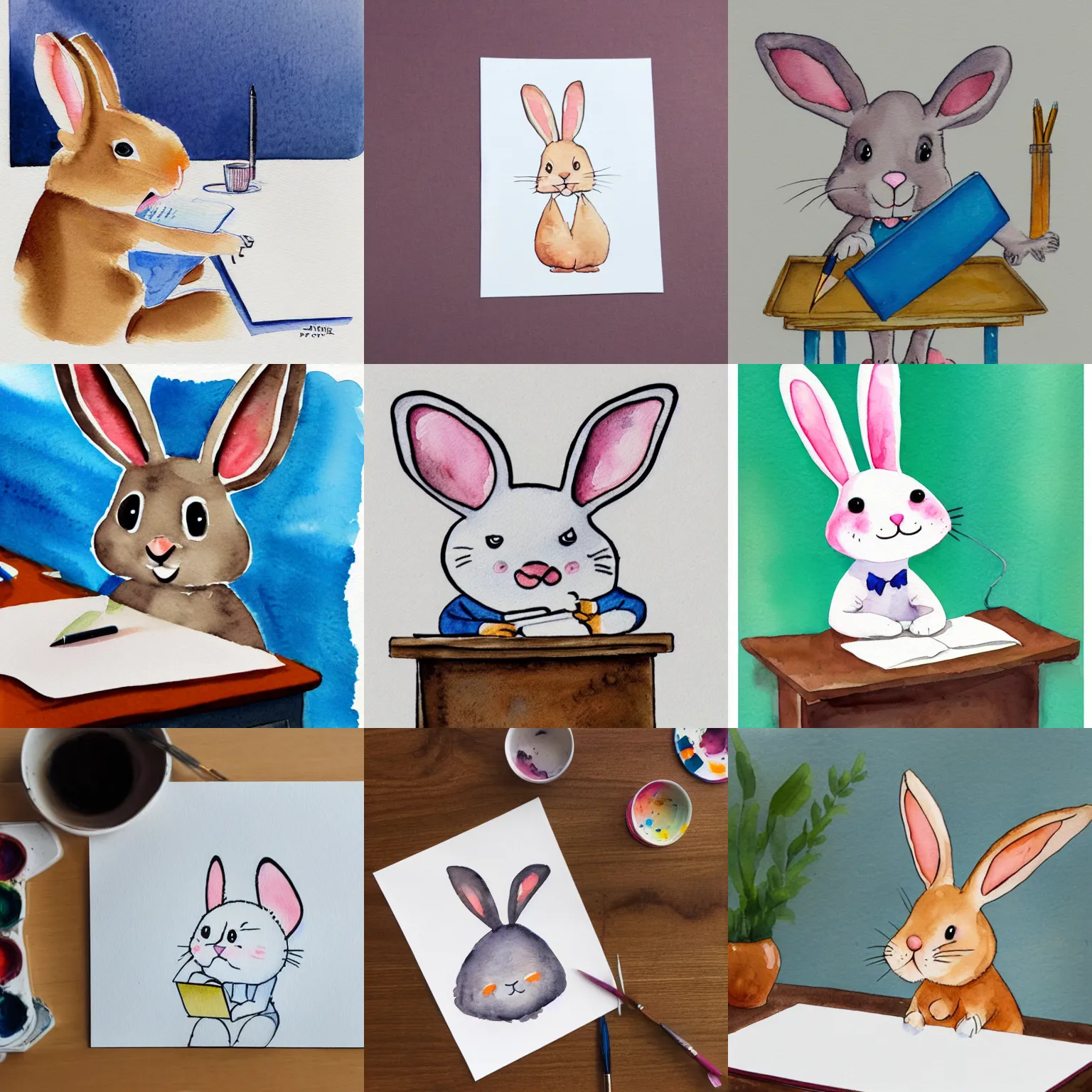 Prompt: a watercolor painting of a cute happy cartoon rabbit sitting at a desk writing on a paper