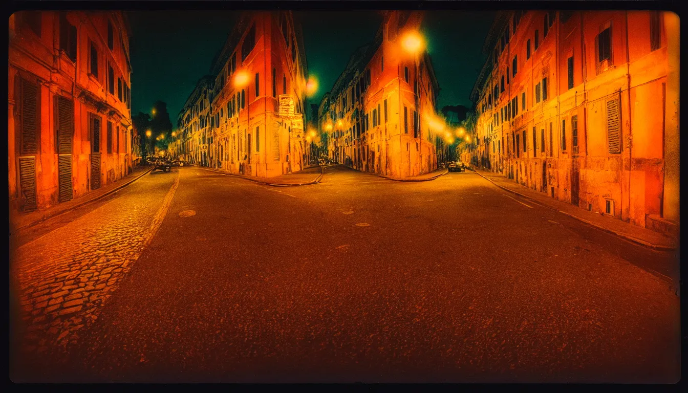 Prompt: colorful instant photograph of rome at night, polaroid, light leak, raw, nostalgic