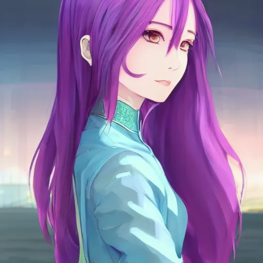 Prompt: gorgeous anime woman portrait, purple hair, cheongsam dress, clear clean face, face by ilya kushinov, avetetsuya studios, alexandra fomina artstation, by makoto shinkai, digital 2 d, painterly style, cinematic matte illustration, clean composition, character design, ufotable, vofan