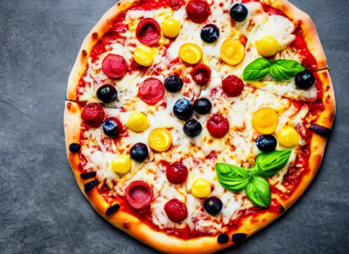 Prompt: dslr food photograph of pizza with assorted fruit toppings, 8 5 mm f 1. 8