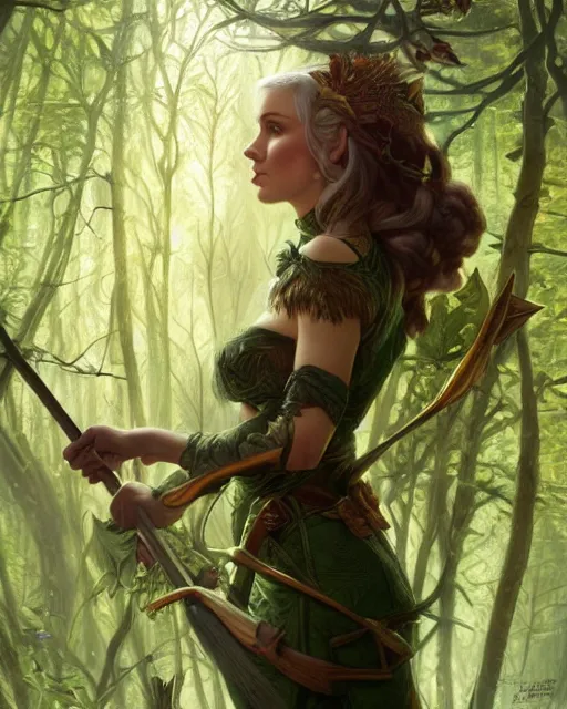 Image similar to a female elven hunter standing in a forest, intricate, highly detailed, digital painting, volumetric light, artstation, concept art, smooth, sharp focus, illustration, art by Gil Elvgren and Greg Rutkowski and Alphonse Mucha, 8K