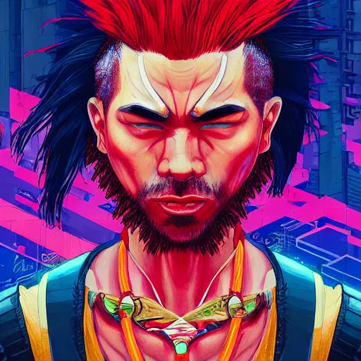 Image similar to portrait painting of a maori street samurai with spiky red hair, cyberpunk, glitchwave, vaporwave, sharp focus, award - winning, trending on artstation, masterpiece, highly detailed, intricate. art by josan gonzales and moebius