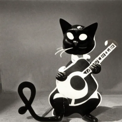 Image similar to cat playing guitar, rubber hose, felix the cat, pie eyes, 1 9 3 0 s, bw