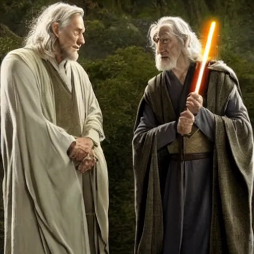 Image similar to frodo and gandalf as jedi master, dramatic lighting,