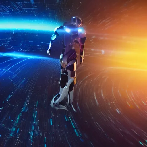 Prompt: speed, diverse interstellar cybersuits, from behind, motion blur, bokeh, wide wide angle, vivid, elaborate, highly detailed, beautiful lighting