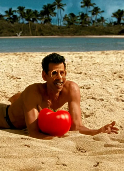 Image similar to jeff goldblum as a banana tomato on the sand of a beach