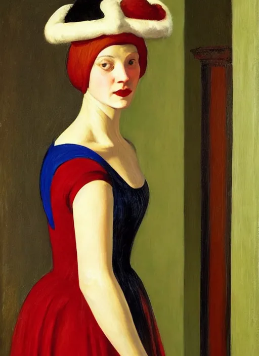 Image similar to portrait of young woman in renaissance dress and renaissance headdress, art by edward hopper