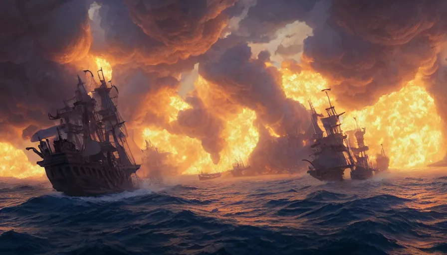 Image similar to A highly detailed matte painting of pirate ship battle in the ocean, pirate ship on fire, huge fire smoke and explosions, by Studio Ghibli, Makoto Shinkai, by Greg Rutkowski, by Artgerm, by beeple, volumetric lighting, octane render, 4K resolution, trending on artstation, masterpiece