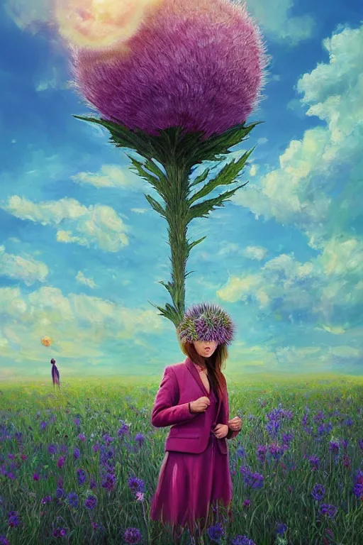 Prompt: portrait, enormous thistle flower under the head, girl in a suit in field of flowers, surreal photography, sunrise, blue sky, dramatic light, impressionist painting, digital painting, artstation, simon stalenhag
