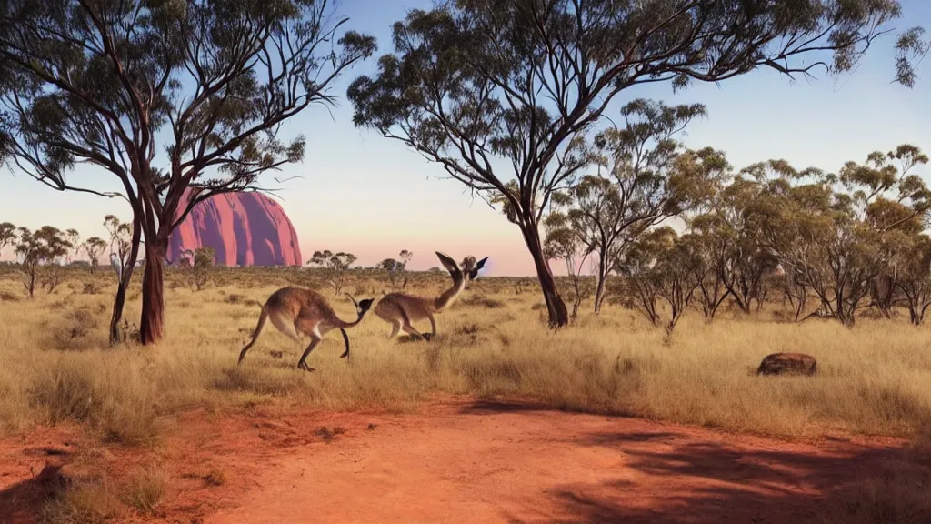 Image similar to australia, outback, uluru, kangaroos, ghibli style, makoto shinkai