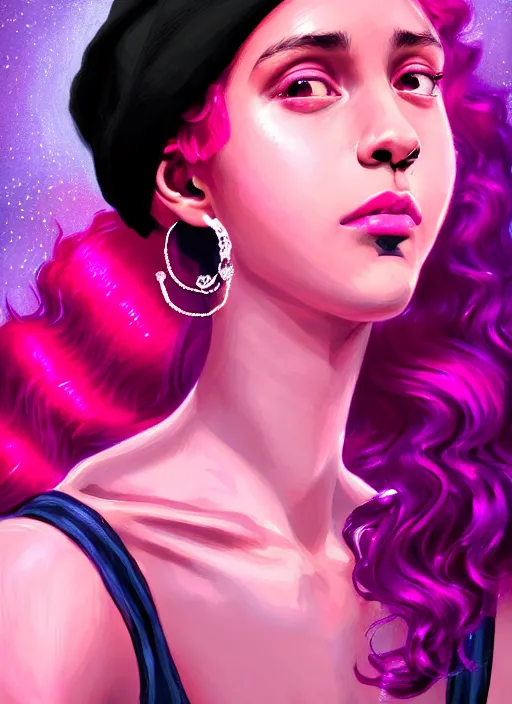 Image similar to portrait of teenage vanessa morgan with bright pink hair, black girl, curly pixie cut hair, wearing a purple breton cap, breton cap, hoop earrings, intricate, elegant, glowing lights, highly detailed, digital painting, artstation, concept art, smooth, sharp focus, illustration, art by wlop, mars ravelo and greg rutkowski