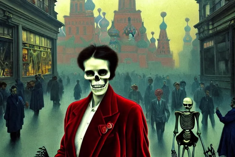 Image similar to realistic detailed photorealistic film portrait shot of a single skeleton wearing crimson velvet blazer in a crowded futuristic moscow street by Denis Villeneuve, Amano, Yves Tanguy, Alphonse Mucha, Ernst Haeckel, Andrei Tarkovsky, Edward Robert Hughes, Roger Dean, rich moody colours, wide angle, blue eyes