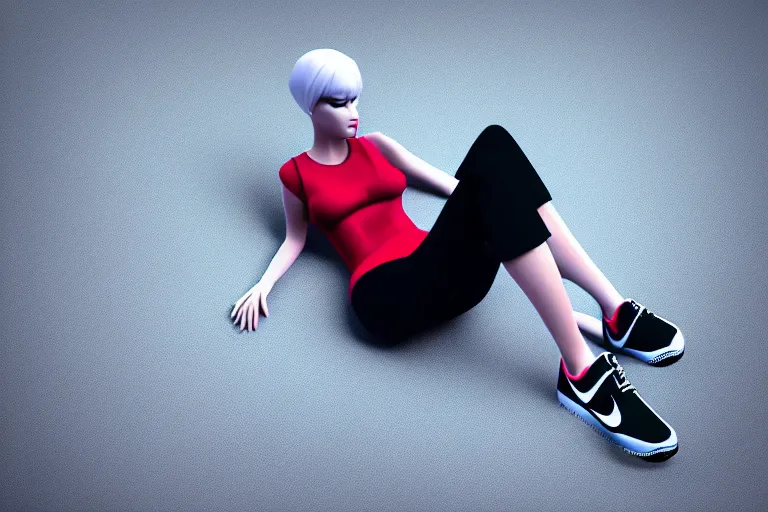 Prompt: a ultradetailed render of a stylish woman laying on the ground, she is wearing nike air force 1 sneakers, octane render, trending on artstation