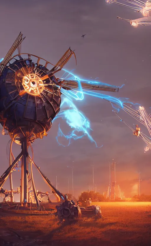 Image similar to a steampunk windmill spinning fast, robot, blue fire, ash, electricity lightning, soft, concept art, sharp focus, intricate details, highly detailed, photorealistic, disney pixar, octane render, iridescent, anime, 8 k