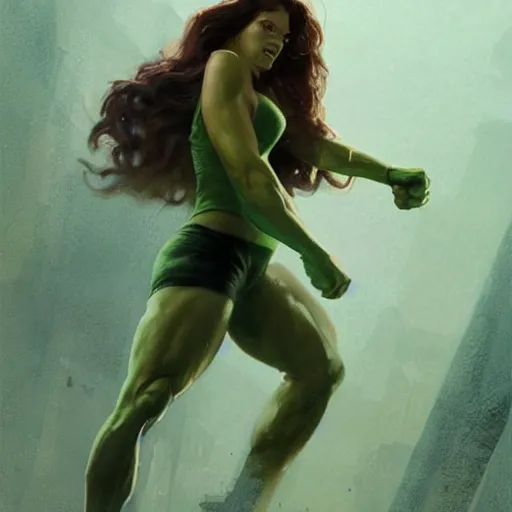 Prompt: she hulk, played by scarlett johannson, beautiful, cinematic, head and shoulders, striking pose, by greg rutkowski