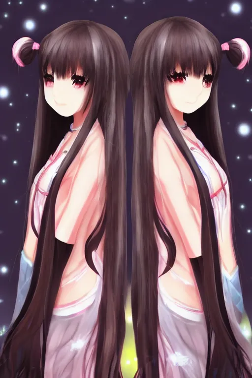 Image similar to two beautiful female idols with twintails facing each other, dark background, detailed anime art