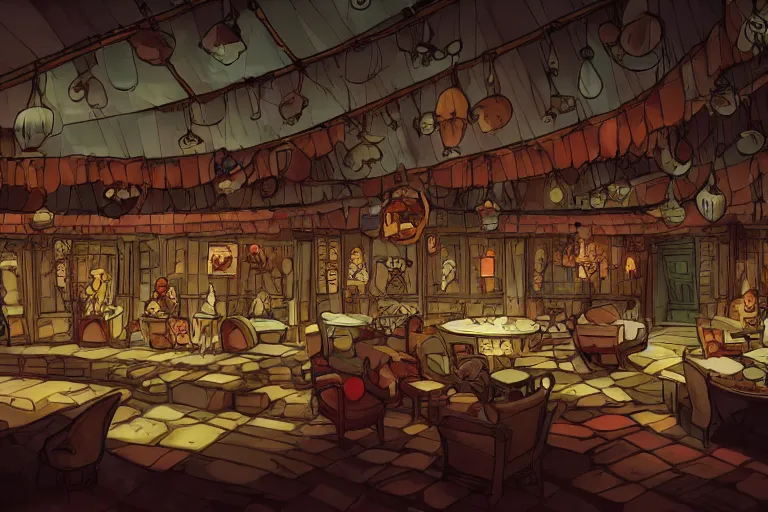 Image similar to interior wide angle shot of a fantasy cabaret in the style of studio ghibli and makoto shinkai, clean lines