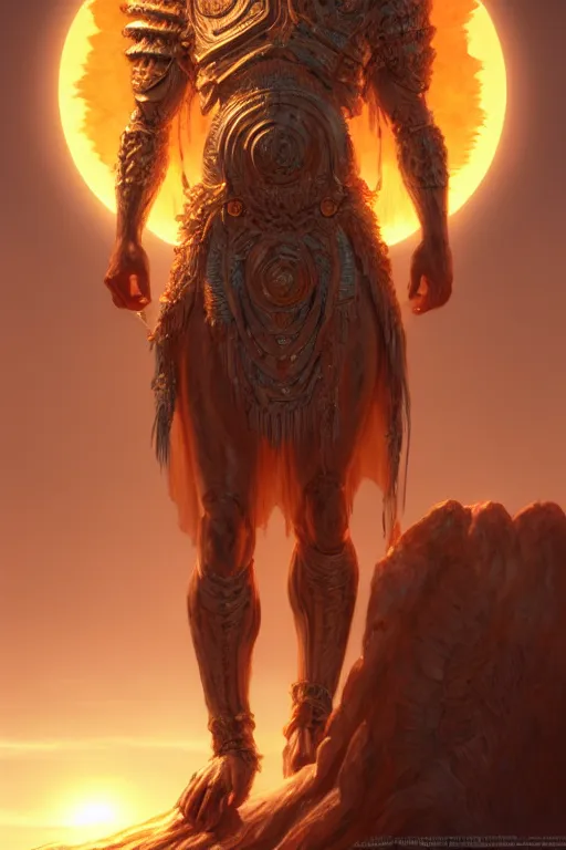 Image similar to humanoid god of the sun, highly detailed, d & d, fantasy, hyper detailed, digital painting, trending on artstation, apollo, concept art, sharp focus, illustration, art by artgerm and magali villeneuve and greg rutkowski and michael whelan, cryengine, 8 k realistic atmospheric lighting, frostbite 3 engine