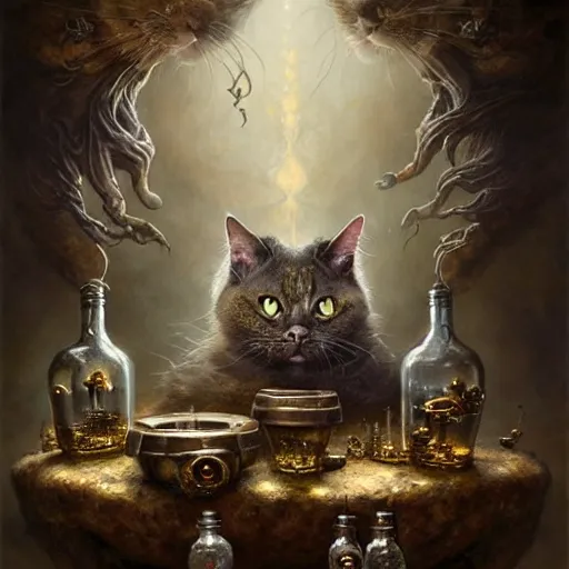 Image similar to a beautiful detailed 3d matte portrait of a alchemist cat, by ellen jewett, by tomasz alen kopera, by Justin Gerard, ominous, magical realism, texture, intricate, skull, skeleton, whirling smoke, alchemist bottles, radiant colors, fantasy, volumetric lighting, high details