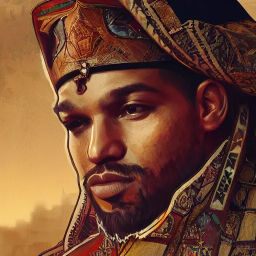 Image similar to clear portrait of king of morocco having a rap battle, cottagecore!!, detroit hood background hyper detailed, character concept, full body, dynamic pose, elegant, intricate, highly detailed, digital painting, artstation, concept art, smooth, sharp focus, illustration, art by artgerm and greg rutkowski and alphonse mucha