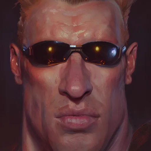 Image similar to a close up portrait of duke nukem, painted by greg rutkowski, digital art, trending on artstation