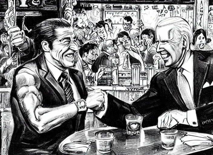Image similar to joe biden arm wrestling in a bar in china illustration by mike ploog
