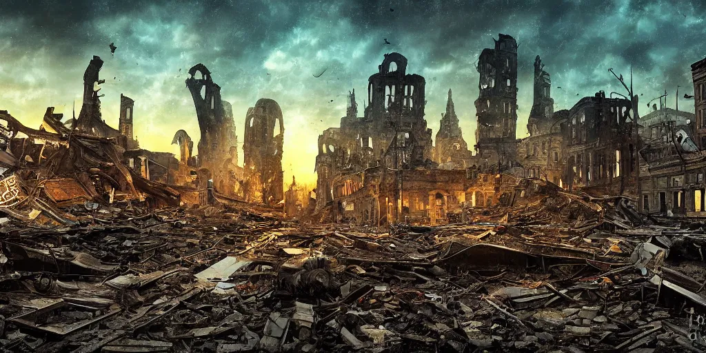 Image similar to victorian city in ruins at night, crashed zeppelin in the background, digital art, high definition