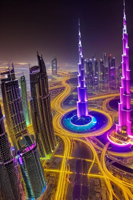 Image similar to neon streets of dubai burj khalifa, 4 k, award winning photo