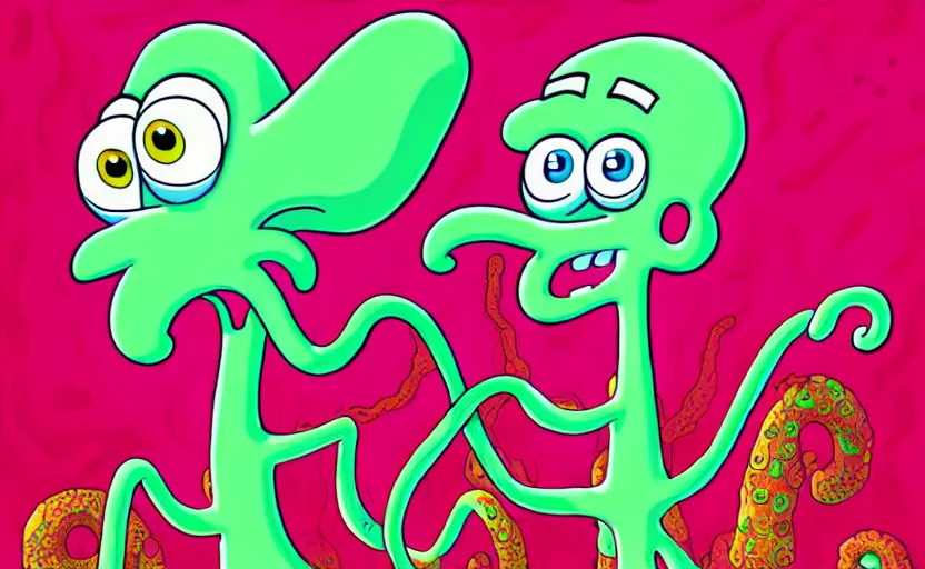 Prompt: squidward taking an acid trip, digital painting, intricate detail, highly detailed, trending on artstation, spongebob squarepants